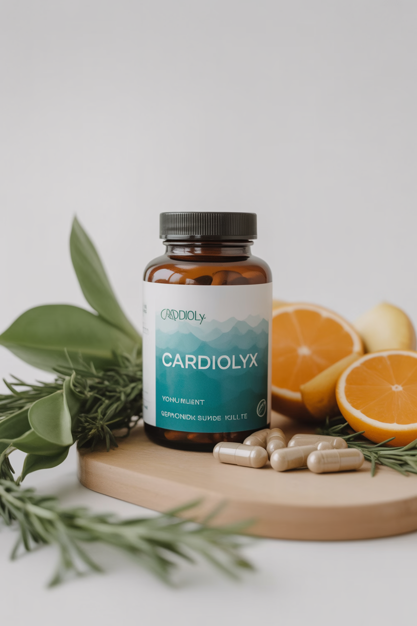 Cardiolyx supplement bottle and capsules for heart and vitality support